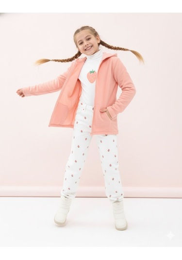 Kız Çocuk Pudra Polar Kapüşonlu Hırka Fermuarlı Uzun Kollu Yumuşak Çocuk Ceketi - Kız Çocuk Polar Hırka Pembe