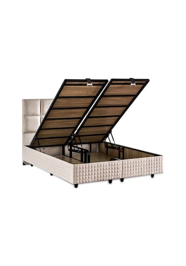 Star Baza Ve Başlık Seti 180x200 Cm Çift Kişilik Krem Keten Kumaşlı Lüks Baza Ve Başlık Takımı