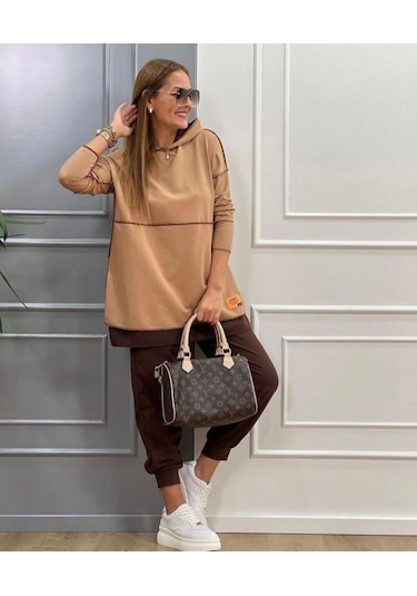 The İstanbul Kadın Kahve Kapşonlu Etek Ucu Detay Arma Ters Dikiş Gorunumlu Ikili Takım Sütlü Kahve