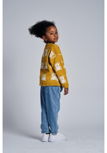 Ayıcık Desenli Hırka T-shirt Denim Pantolon Takım Hardal