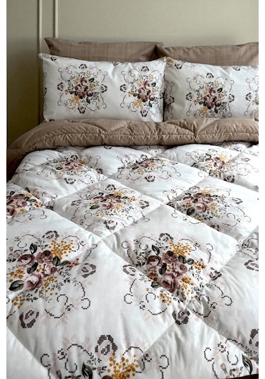 Alla Turca Çift Kişilik 4 Yastık Kılıflı Lastikli Çarşaflı Çift Taraflı Desenli Uyku Seti-kanaviçe Sütlü Kahve Sütlü Kahve