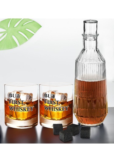 Bk Gift Kişiye Özel İsimli Dtf But First Whiskey Tasarımlı İkili Viski Kadehi, Viski Taşı Ve Karaf Seti, Arkadaşa Hediye, Sevgiliye Hediye Kobitmeyenc
