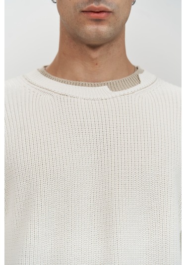 Carter Çift Yaka Detaylı Ekru Erkek Triko Kazak Ekru