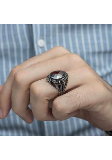 Oval Kırmızı Taşlı 925 Gümüş Erkek Yüzük