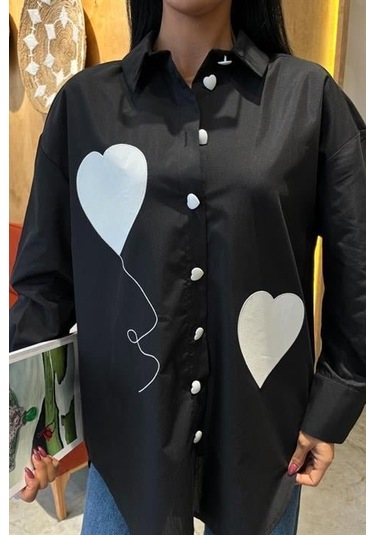 Kalp Nakışlı Ve Düğme Detaylı Oversize Gömlek 3430 Si Yah