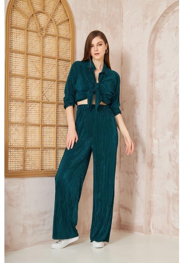 Kadın Pliseli Beli Lastikli Pantolon Tunik Gömlek Ikili Bürümcük Salaş Takım 3573300 Petrol
