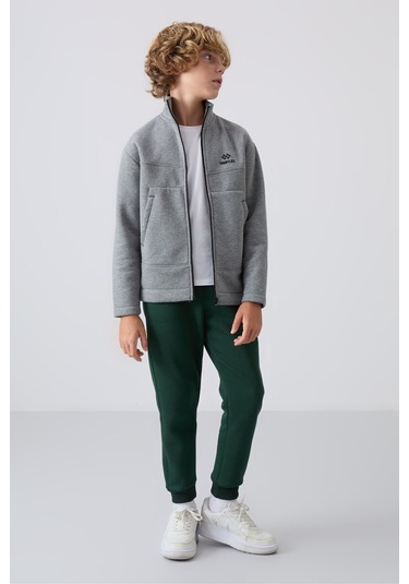 Gri Melanj Pamuklu Kalın İçi Tüylü Yumuşak Dokulu Standart Fit Nakışlı Erkek Çocuk Sweatshirt - 11245 Gri Melanj