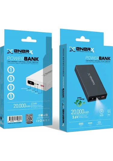 Enerx Enr-p20188dc Powerbank 20.000 Mah Dijital Ekranlı Fenerli Usb+type-c 2.1a Beyaz Siyah