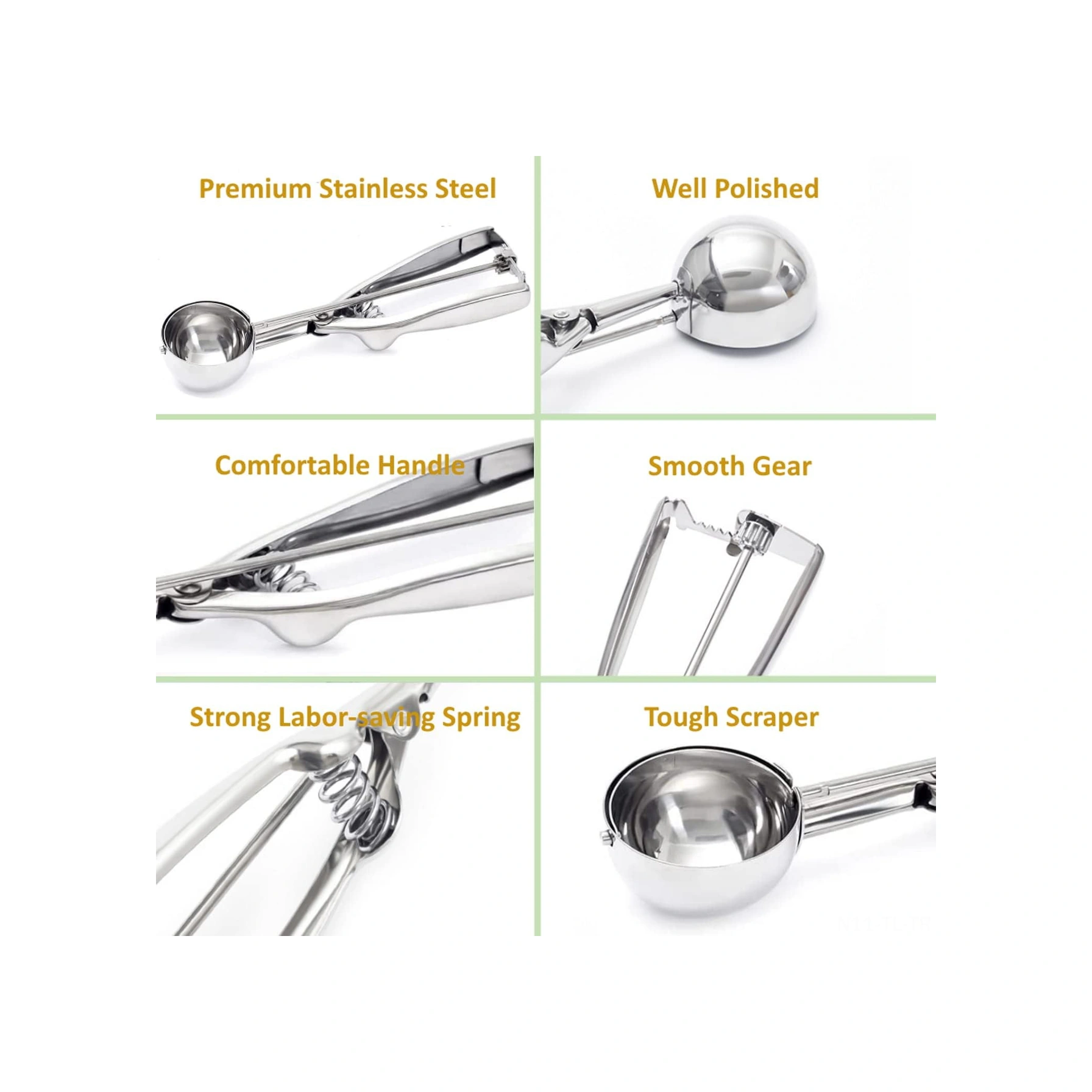 Hombey 3'lü Çelik Bisküvi/helado Kaşığı Seti - Otomatik Serbest Bırakma Mekanizması İle Çeşitli Yemekleriniz İçin Pratik Kişisel Mutfak Aracı Gümüş