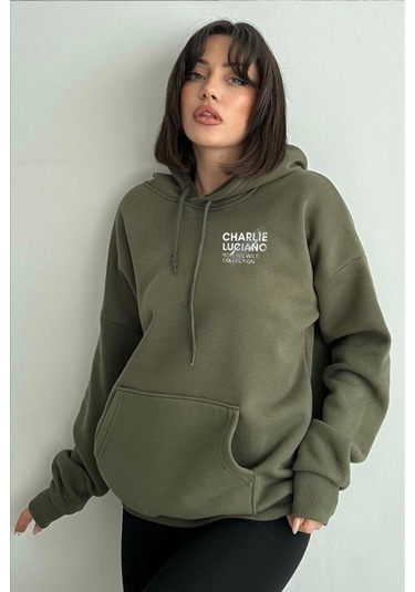 Kadın Haki Charlie Luciano Baskılı Oversize Kapüşonlu Sweatshirt Haki