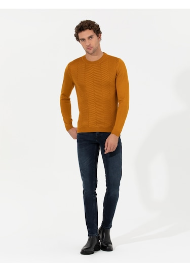 Cacharel Sarı Slim Fit Pamuk Karışımlı Bisiklet Yaka Triko Kazak