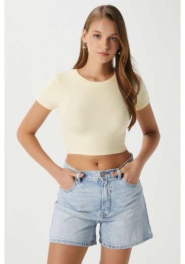 Kadın Deal Lux Touch Yumuşak Doku Crop Tereyağı Sarısı Bluz Tereyağı Sarısı