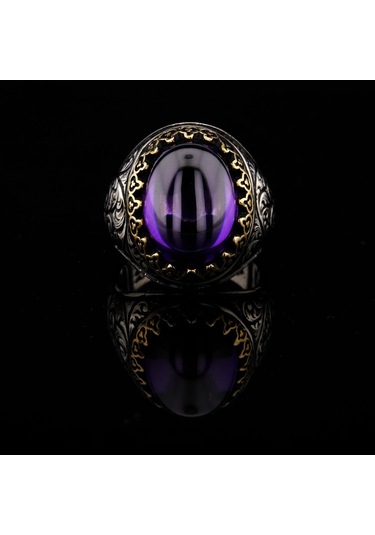 925 Ayar Gümüş Sarmaşık Desenli Ametist Taşlı Erkek Yüzük Çok Renkli