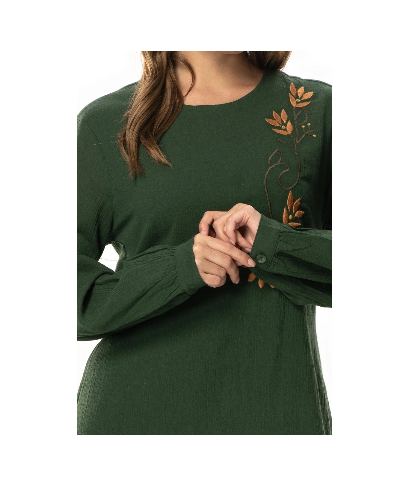 Uzun Kol Şile Bezi Gülşah Bisiklet Yaka Nakışlı Uzun Yazlık Elbise Yeşil Ysl Yeşil