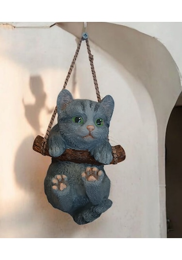 1 Adet Dekoratif Sallanan Duvar Ve Bahçe Süsü Kedi Gri