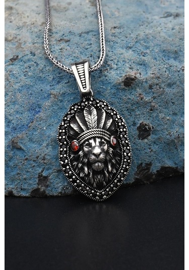 Kızılderili Aslan Figürlü 925 Ayar Erkek Gümüş Kolye Zincir 901306 Gümüş