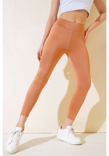 Esnek Yüksek Bel Taba Uzun Parlak Disco Tayt Taba