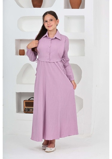 Kız Çocuk Uzun Boy Gofre Kumaş Jile & Elbise İki Parça Takım Astarlı Zarif Set-4948 Lila