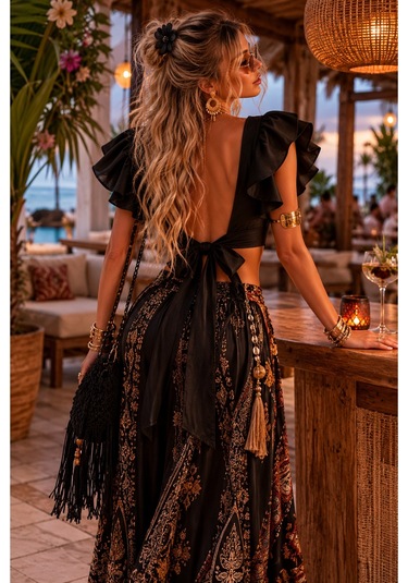 Na Addesıgn Bohem Chic Bluz Sırt Dekolteli Fırfır Kol Tasarım Crop Siyah