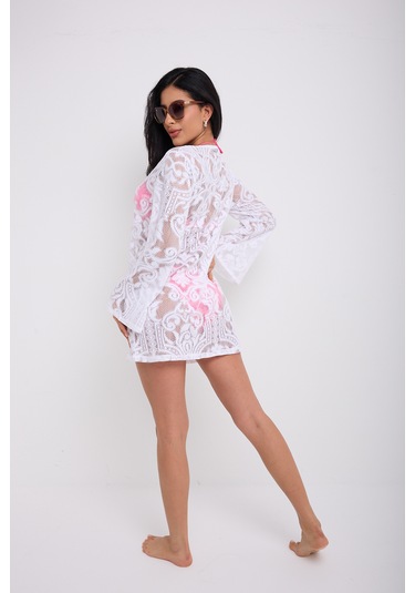 Kolları Volanlı Elbise Beyaz