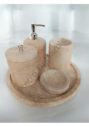 Sarı Traverten Klasik Model 5 Parça Gümüş Renk Düğme Aksesuarlı Banyo Seti Sarı Traverten