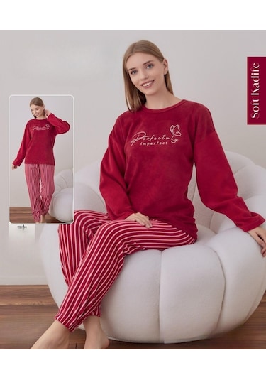 Boyraz Kadın Kışlık Bisiklet Yaka Soft Kadife Pijama Takımı 07021 - 1 Adet Kırmızı