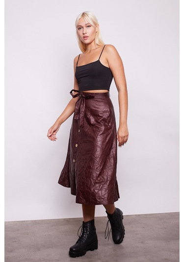 Kraş İnce Deri Yüksek Bel Yan Cepli Kiloş Uzun Etek-Mürdüm