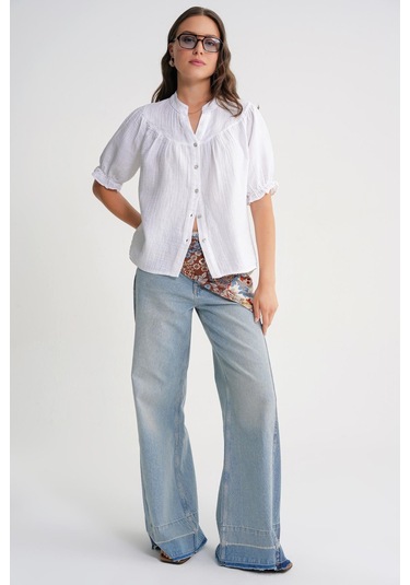 4725 Kadın Büzgü Robalı Kolu Fırfırlı Müslin Gömlek Beyaz Beyaz