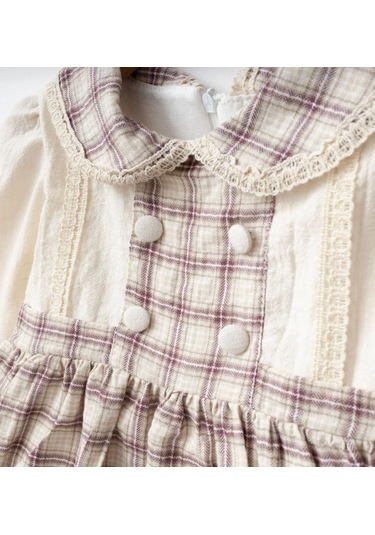 Düğme Detaylı Kareli Kız Bebe Elbise Açık Bej