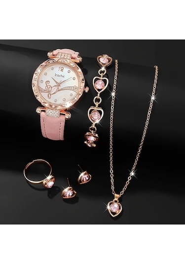 Kadın Yuvarlak Kuvars Saat Ve Bileklik+kolye+küpe+yüzük Takı Seti Pudra