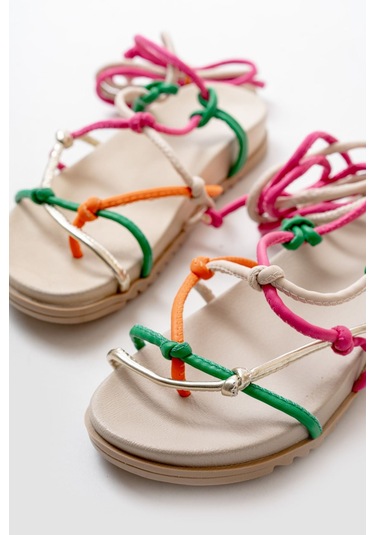 Multi Bilekten Bağcıklı Kadın Sandalet Çok Renkli