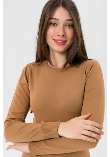 Miss Poem Kadın Uzun Bisiklet Yaka Basic Kışlık Camel Triko Kazak Camel