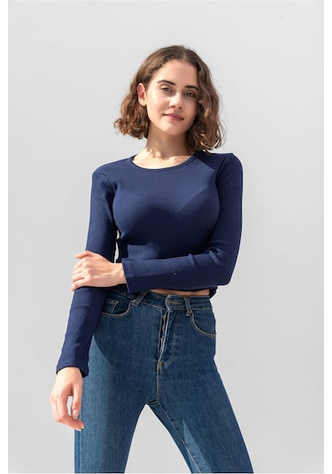 Gri Uzun Kollu Fitilli Bluz Crop Örme T-shirt Koyu Lacivert