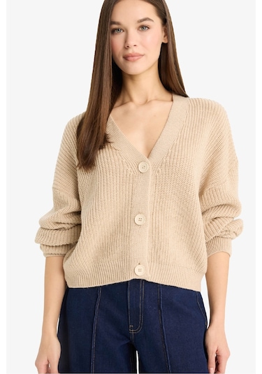 Defacto Regular Fit V Yaka Düğmeli Triko Hırka U2052az25wnbg646 Bej