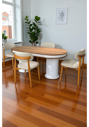 Bohem İskandinav Masa Sandalye Takımı 4 Adet Polo Sandalye Ceviz Mebranlı Mdf Oval Masa-modern Beyaz
