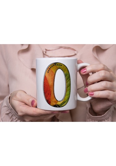 O Harf Yaprak Renkleri İle Kupa Bardak - Kişiye Özel Alfabe Harfli Bardak - Hediye Beyaz