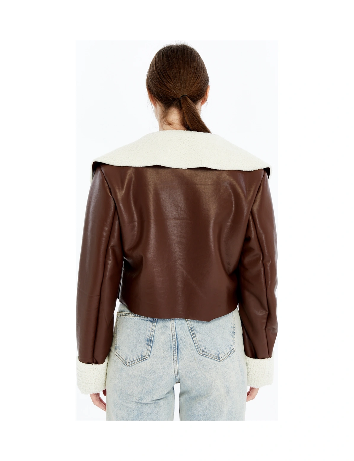 Kadın Oversize Deri Mont Kürklü Ceket Niş Kompakt Tasarım Günlük Spor Görünüm Kahverengi