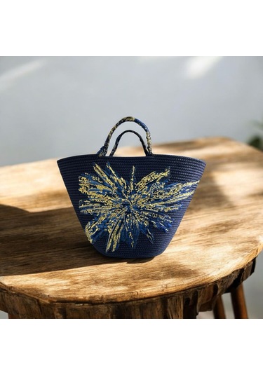 Hasır Çanta, Plaj Çantası, Tasarım Çanta, Lacivert Desenli El Çantası Lacivert