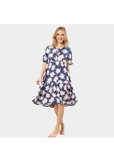 Türen Yaprak Desenli Kısa Kollu Elbise 3354/lacivert Çok Renkli