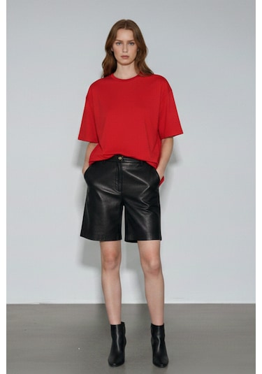 Soft&Basic Kadın %100 Organik Pamuk Oversize Fit Basic Yuvarlak Yaka T-shirt Kırmızı