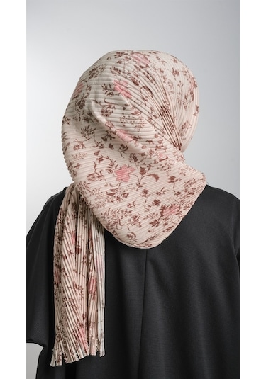Bej Pratik Hazır Geçmeli Tesettür Eşarp Kesik Elyaf Piliseli Çiçe (553629989) Bej
