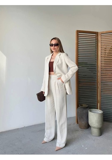 Keten Ceket Pantolon İlik Düğmeli Uzun Kollu Yırtmaçlı İkili Takım - Beyaz Beyaz