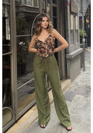 Pembe Keten Karışımlı Bol Kesim Pantolon Haki