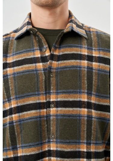 Koyu Haki Yünlü Ekose Desen Yumuşak Yaka Cepsiz Uzun Kol Casual Comfort Fit Gömlek 1004245227 Koyu Haki