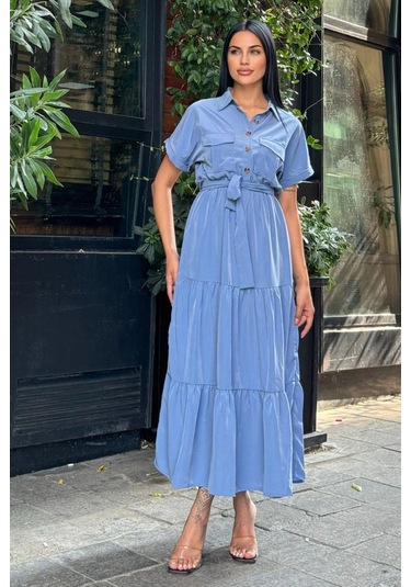 Mavi Pliseli Kuşaklı Maxi Uzun Ceket Elbise Mavi