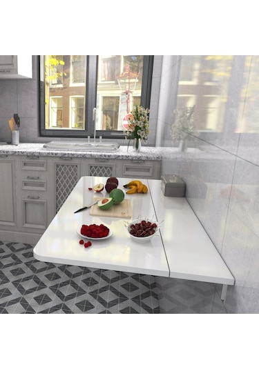 60x110 Cm Mat Beyaz Sabit Raflı Duvara Monte Katlanır Masa