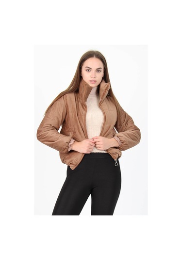 Kadın Yüksek Yaka Cepli Kışlık Kadife Mont Dpnb7154 CAMEL