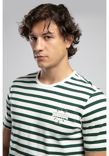 Lee Cooper Eddy Erkek %100 Pamuk O Yaka T-shirt Ekru-zümrüt Çizgili-21600 Ekru