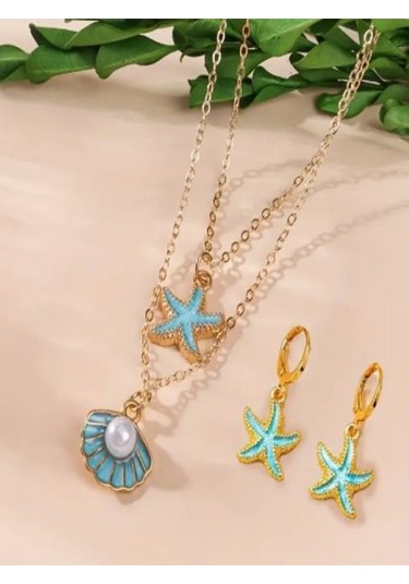 Yıldız Kabuğu Kolye Ve Küpe Set Mavi