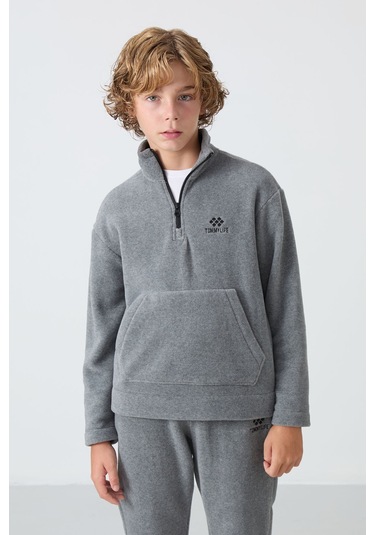 Tommy Life Gri Melanj Kalın Yumuşak Dokulu Standart Fit Nakışlı Polar Erkek Çocuk Eşofman Takım - 11218 Gri Melanj